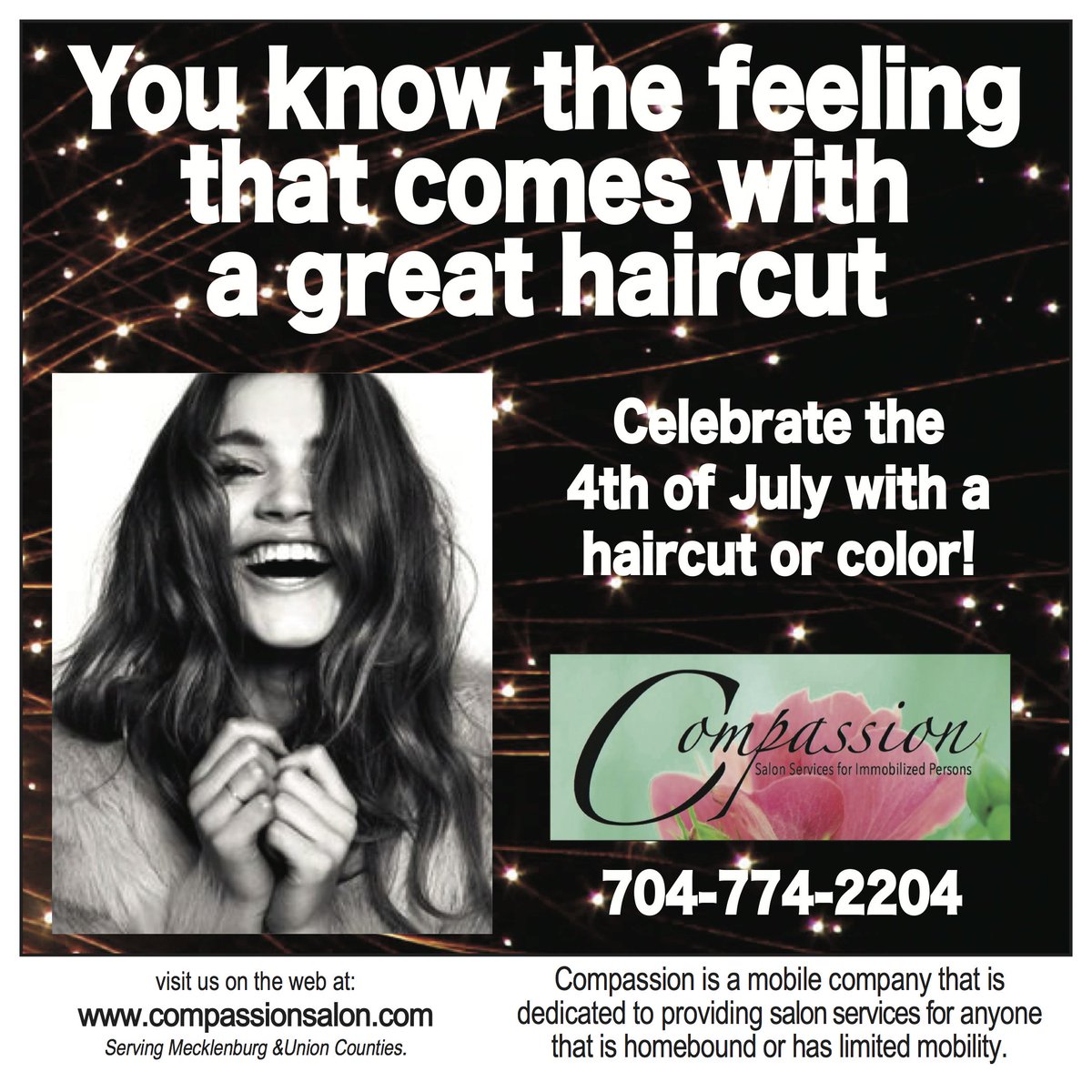 More
CELEBRATE!
Mecklenburg/Union Counties, NC
 #disabled #Challenged #Elderly #SpecialNeeds #Injured
compassionsalon.com