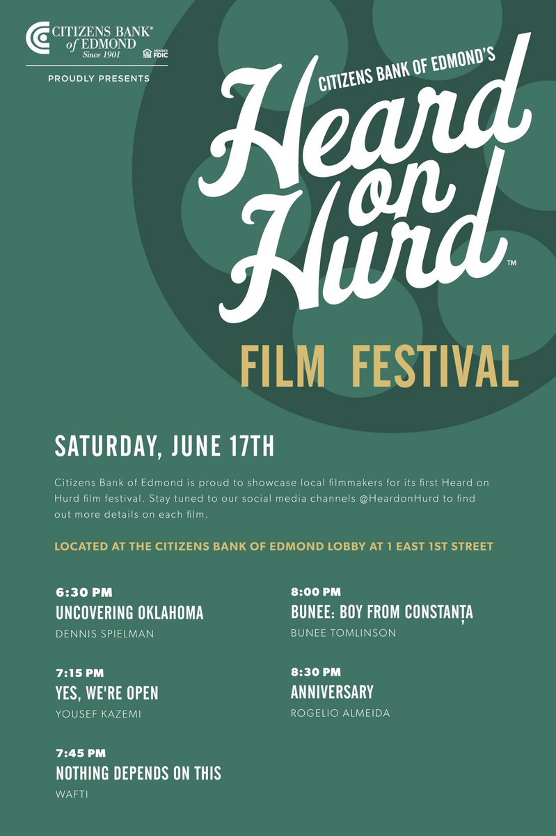 heardonhurd's tweet photo. We are so excited for @CitizensEdmond HoH this Saturday! Make sure to check out the films in our main lobby starting at 6:30!🎬🎥🎞 https://t.co/FUtzkg5Yam