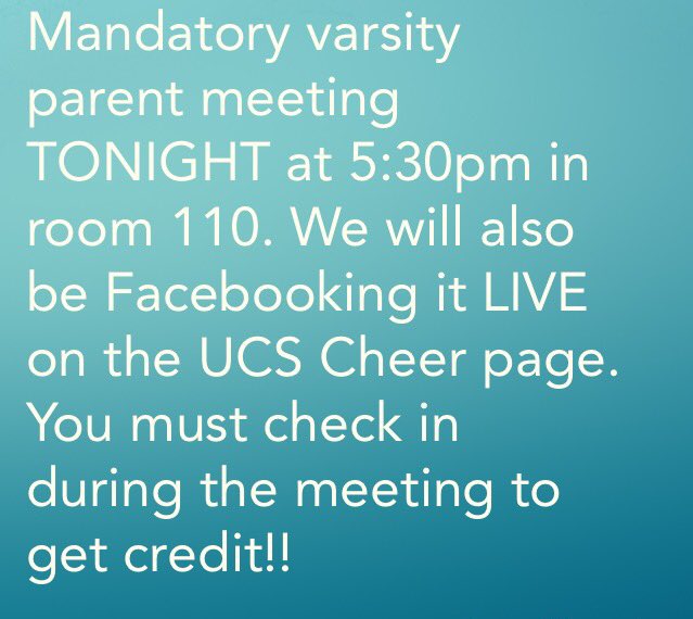 UCS_Cheer's tweet photo. Information for the mandatory varsity parent meeting tonight. https://t.co/oJ33ODnh3R