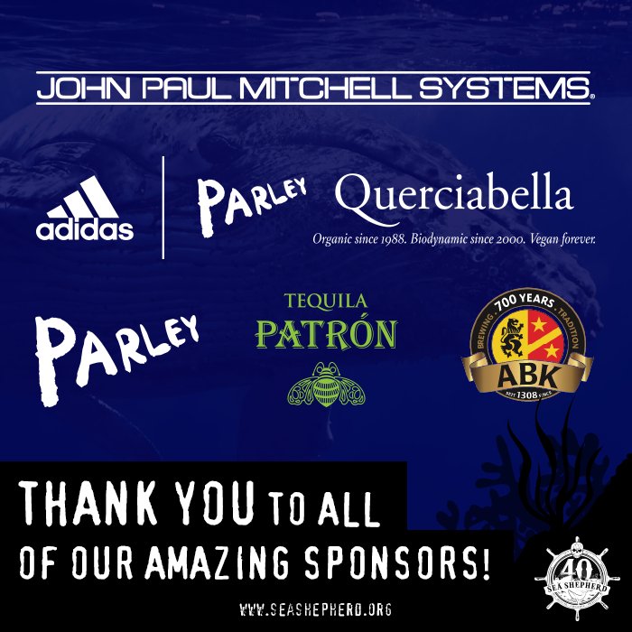 SeaShepherdSSCS's tweet photo. A BIG Sea Shepherd THANK YOU goes out to all of our AMAZING Sponsors!! #adidas #parley #patron #abk #querciabella #johnpaulmitchellsystems https://t.co/261HXGsl3p