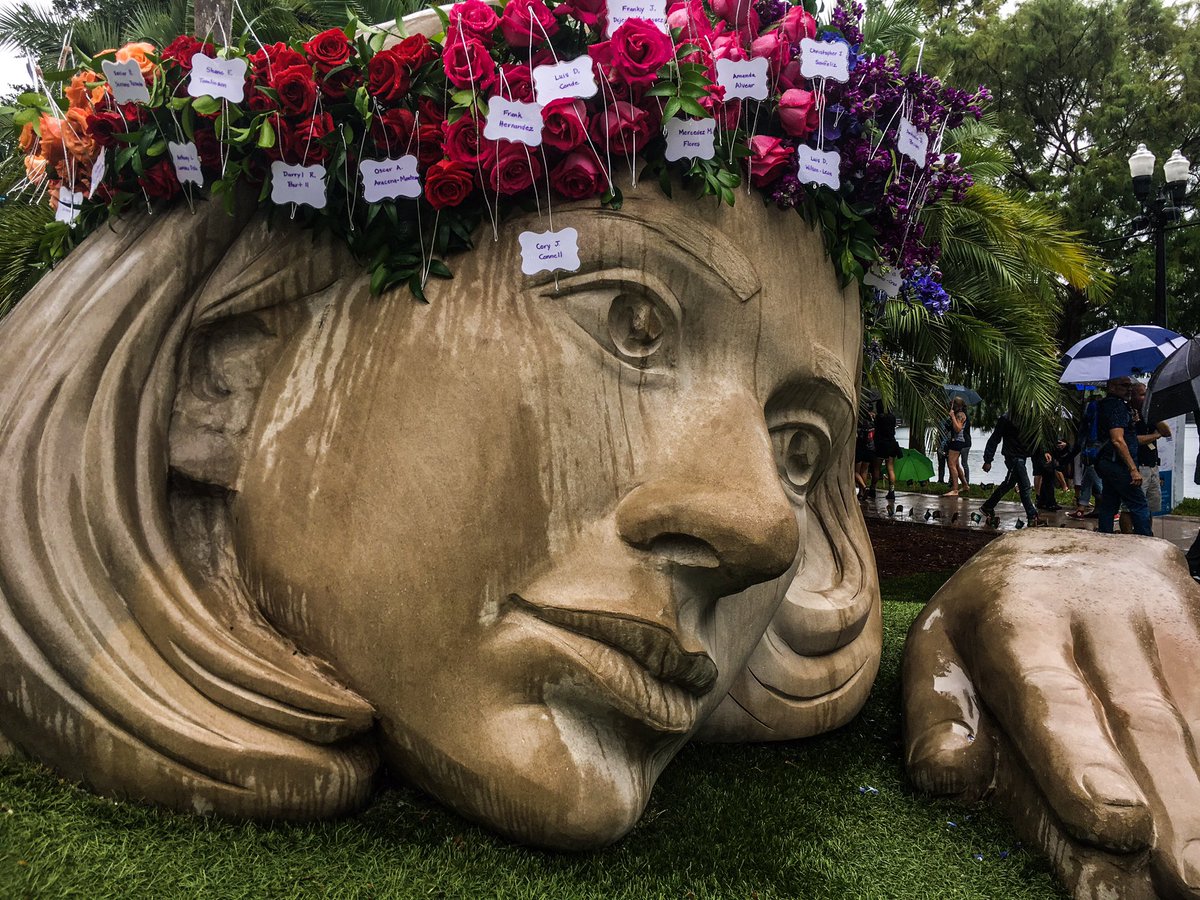 jacoblangston's tweet photo. Raindrops create the look of tears on the Muse of Discovery statue at Lake Eola Park. #Pulse https://t.co/JrO8nLQeQd