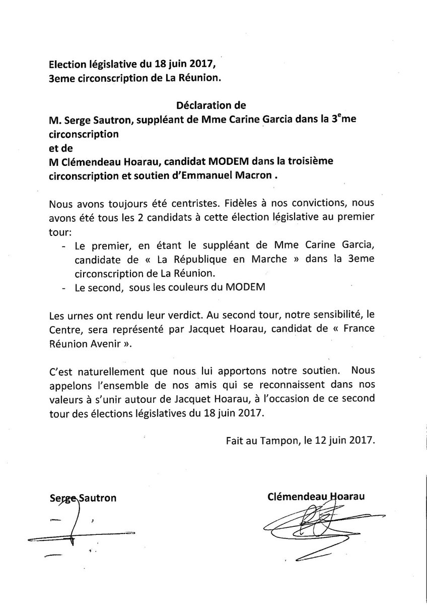 Soutien de Serge SAUTRON, suppléant de Carine Garcia, La République en Marche et de Clemendeau Hoarau, MODEM #legislatives2017