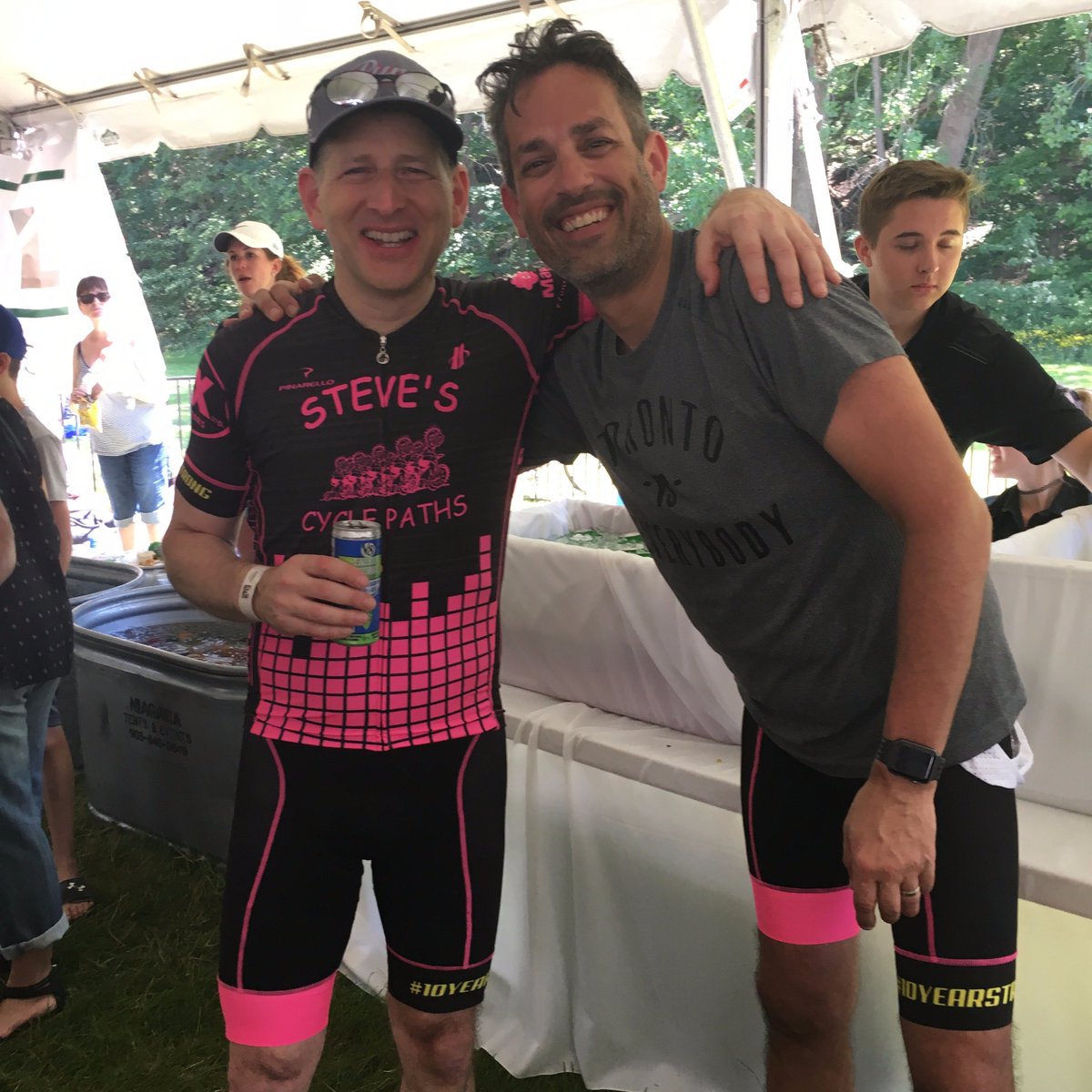 socialworthca's tweet photo. David &amp; Geoff celebrating Ride #1 and #10 respectively. An epic event, an epic cause and epic impact. $20.5 Million Raised. #TheRideTO https://t.co/EOLDdBvkPw