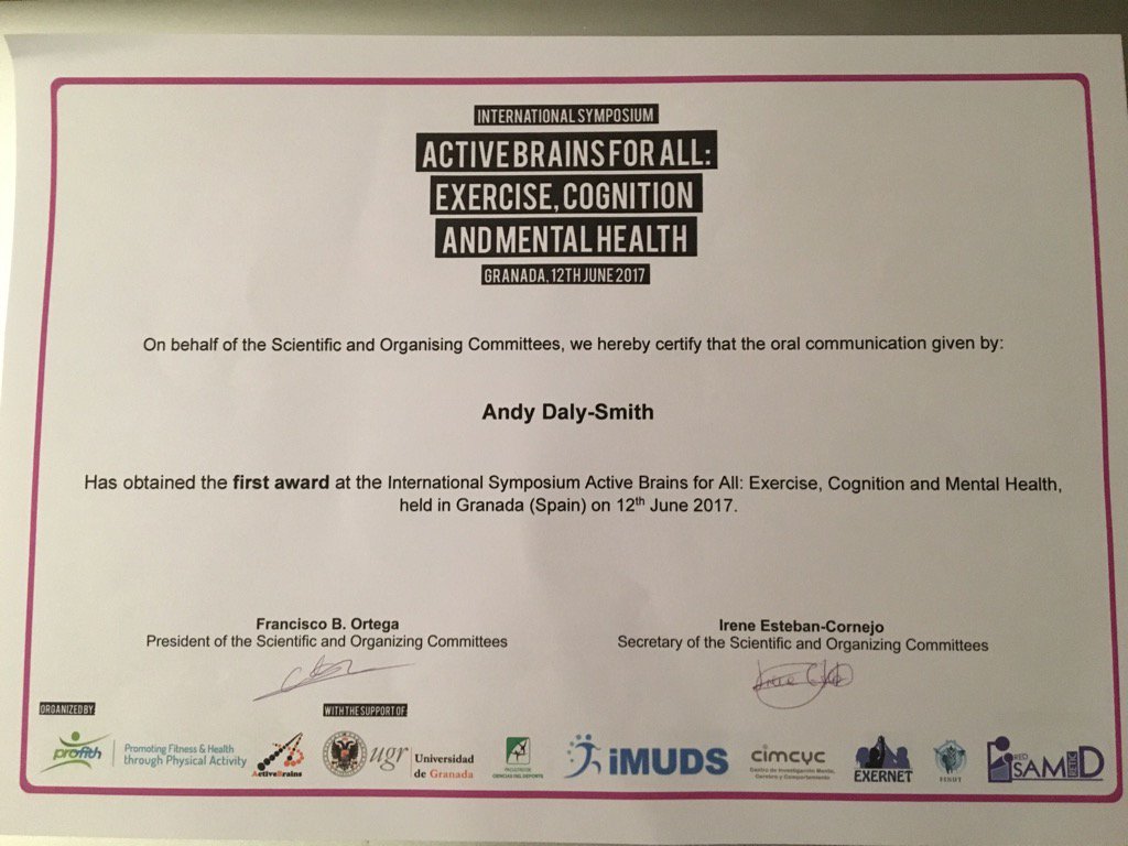 Andy Daly-Smith (@brainercise) on Twitter photo #activebrains4all thank you 4 the award. I feel honoured given the exceptional quality of the talks. <a href="/activebrainsAB/">Activebrains Project</a> #activebrains4all thank you 4 the award. I feel honoured given the exceptional quality of the talks. <a href="/activebrainsAB/">Activebrains Project</a>