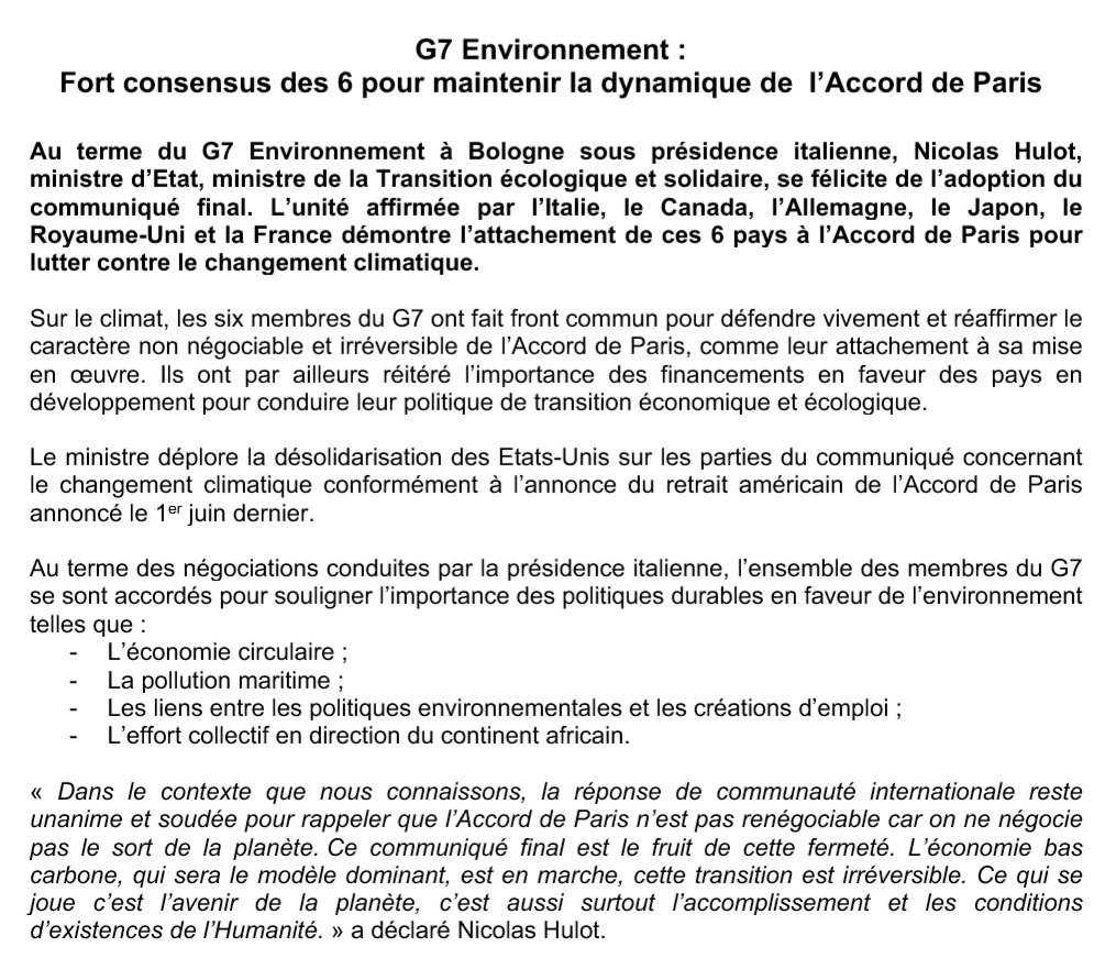 N_Hulot's tweet photo. La transition écologique et solidaire est irréversible. Ce qui se joue c'est l'avenir de la planète, l'accomplissement de l'Humanité 👇 https://t.co/v7v7I9mtfP