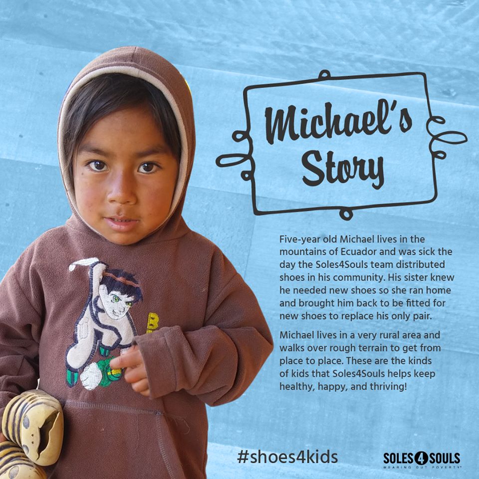 CauselyHQ's tweet photo. This month, your check-ins are helping kids just like Michael through our partner @Soles4Souls. Your generosity is helping in so many ways! https://t.co/2SbdPFu9ic