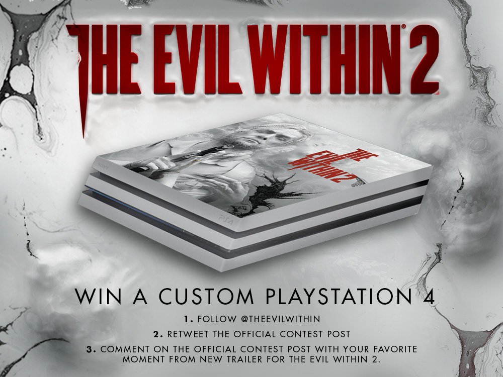 TheEvilWithin's tweet photo. Celebrate our sequel announce of #TheEvilWithin2 by winning a custom PS4 Pro!  Official rules:  https://t.co/3uYt4fj8l7 #E32017 https://t.co/f4pngBoLO8