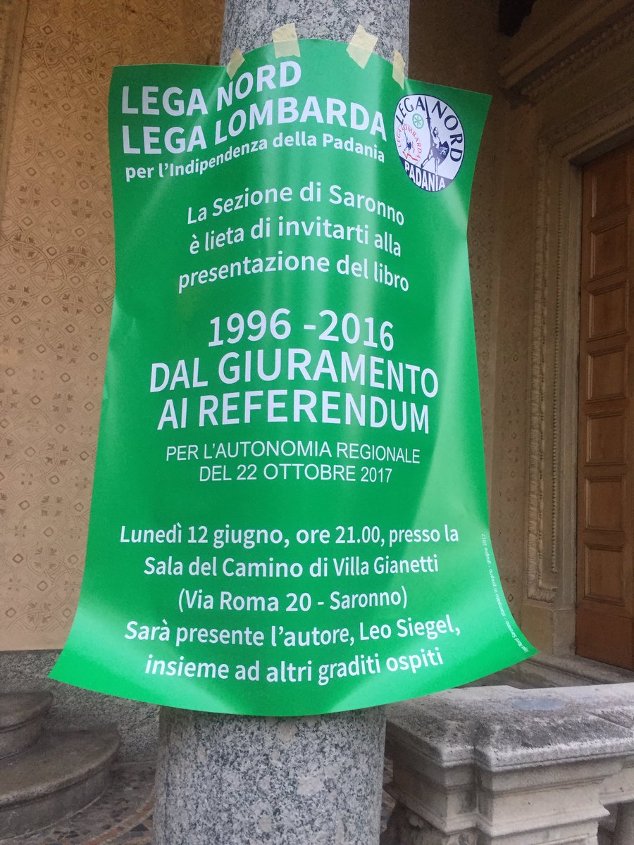 davideborghi's tweet photo. @LegaNordSaronn @FagioliSindaco @sala_claudio con Leo Siegel:1996-2016 dal giuramento ai referendum https://t.co/kn1suNhQ8r