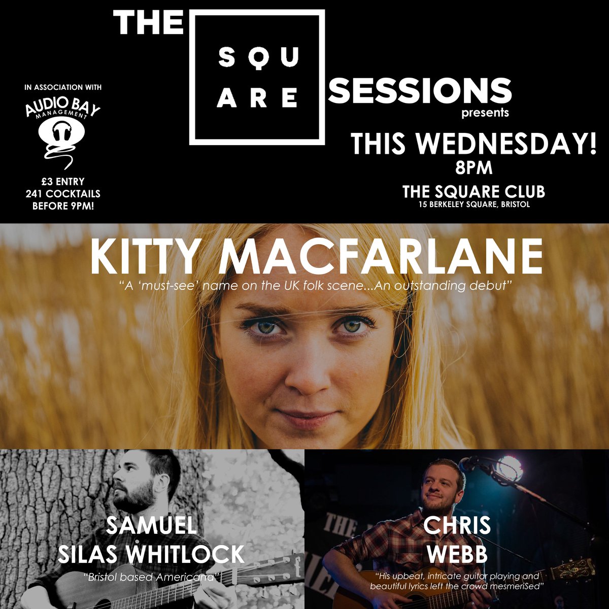 AudioBayUK's tweet photo. @KittyMacfarlane, @chriswebbmusic and Samuel Whitlock play this month's #squaresessions this Wed from 8pm @SquareClifton! #bristol #music https://t.co/0tYVobxcKg