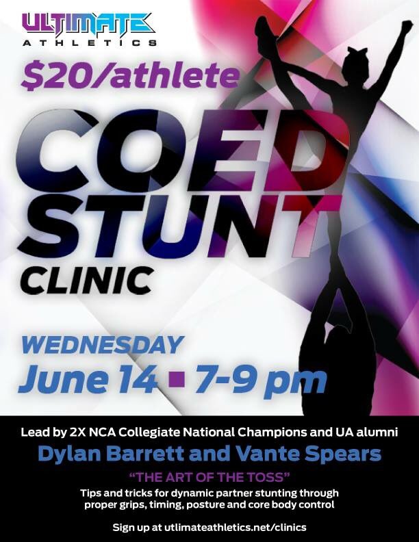 THIS WEDNESDAY! Just $20/athlete. Male cheerleaders encouraged to attend. No partner stunt experience required. ultimateathletics.net/clinics