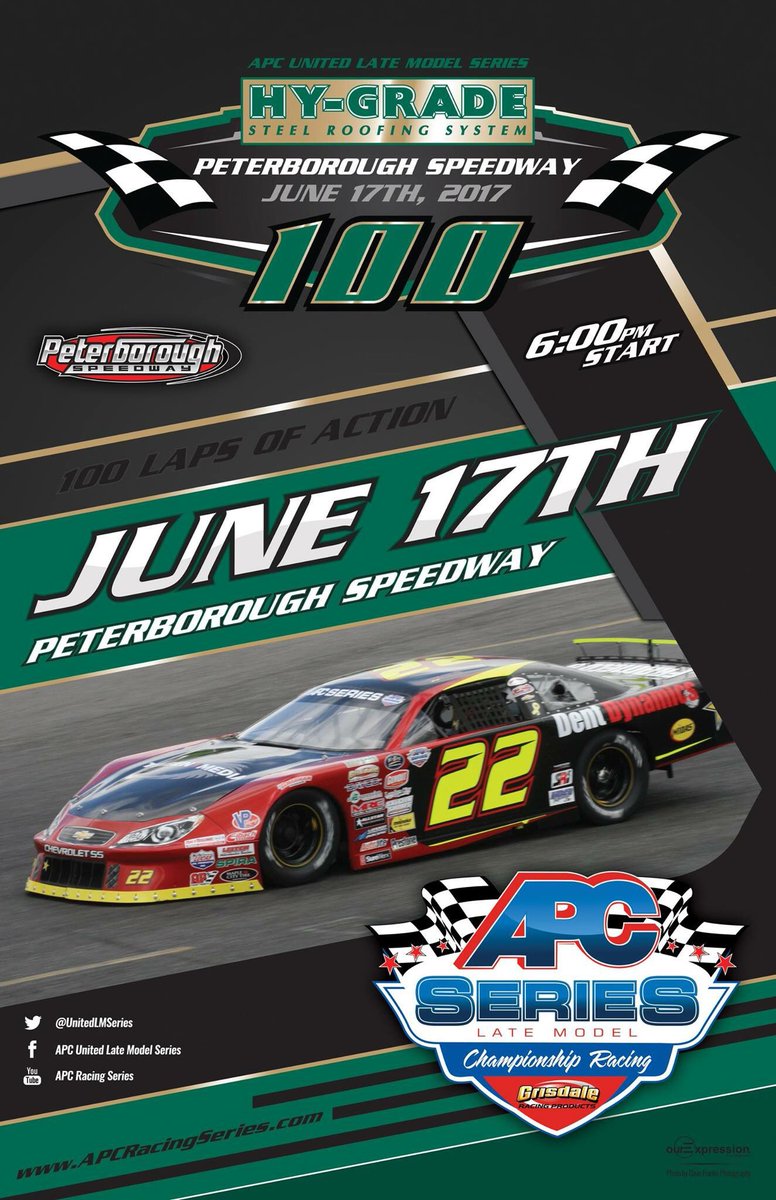 UnitedLMSeries's tweet photo. This Saturday the APC Series heads to @PtboSpeedway for the @HyGradeRoofing 100, round 3 in 2017!
#WeAreRacing
https://t.co/Fbi34K5dC2 https://t.co/vS90zSBenh