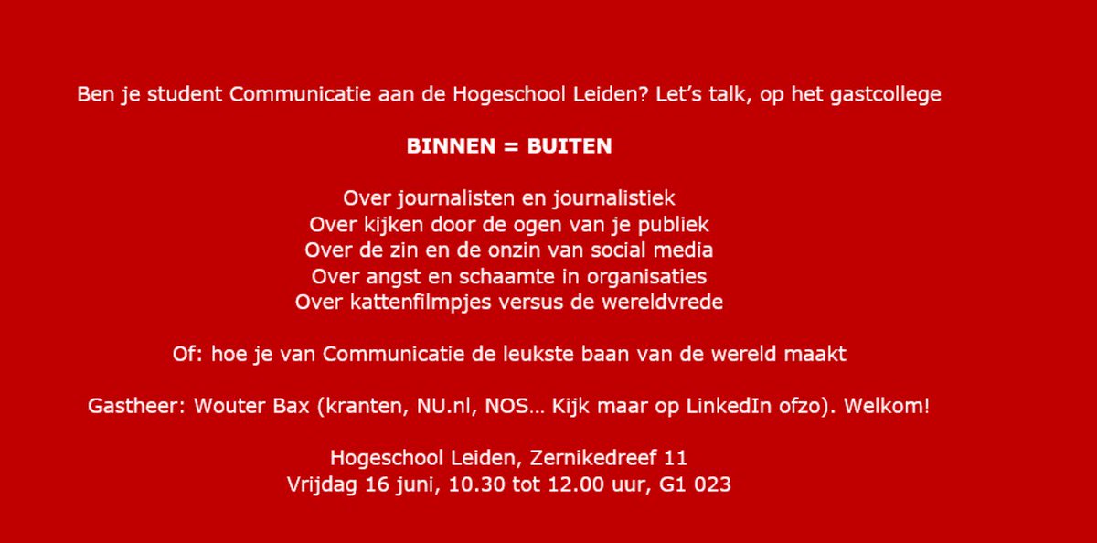 Lousy banner om de studenten Communicatie van de <a href="/HSLeidenNL/">Hogeschool Leiden</a> naar mijn gastcollege te lokken. Zouden ze happen, <a href="/jady3/">Jady Petovic</a>?