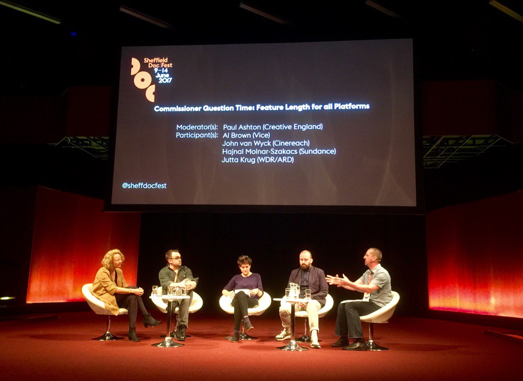 Cravenna's tweet photo. First understand the story, the access, then the form. Panelists unpack ideal length for #FeatureDocs #sheffdocfest https://t.co/U6kQ16FiZX