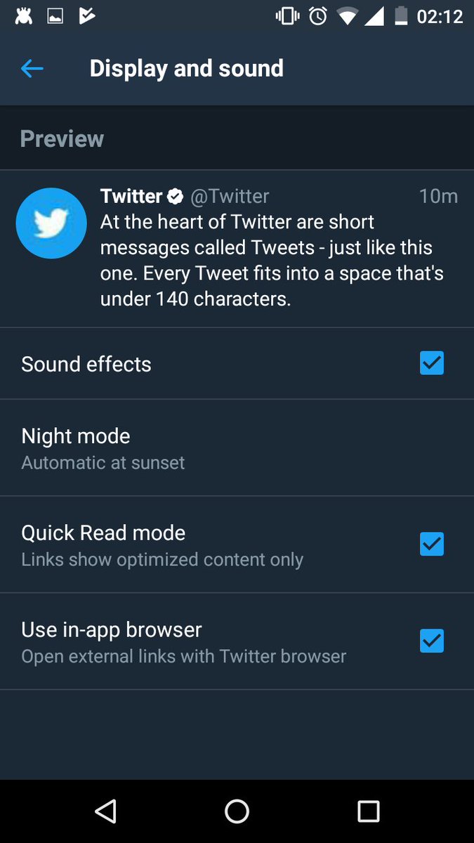notmanas's tweet image. Our prayers have been answered. 'Automatic night more after sunset' on Twitter alpha build 7.2.0.563. 
@AndroidPolice #TwitterAlpha