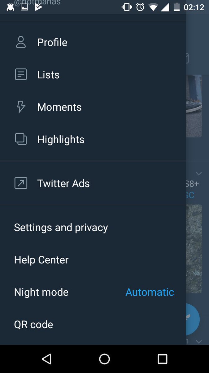 notmanas's tweet image. Our prayers have been answered. 'Automatic night more after sunset' on Twitter alpha build 7.2.0.563. 
@AndroidPolice #TwitterAlpha