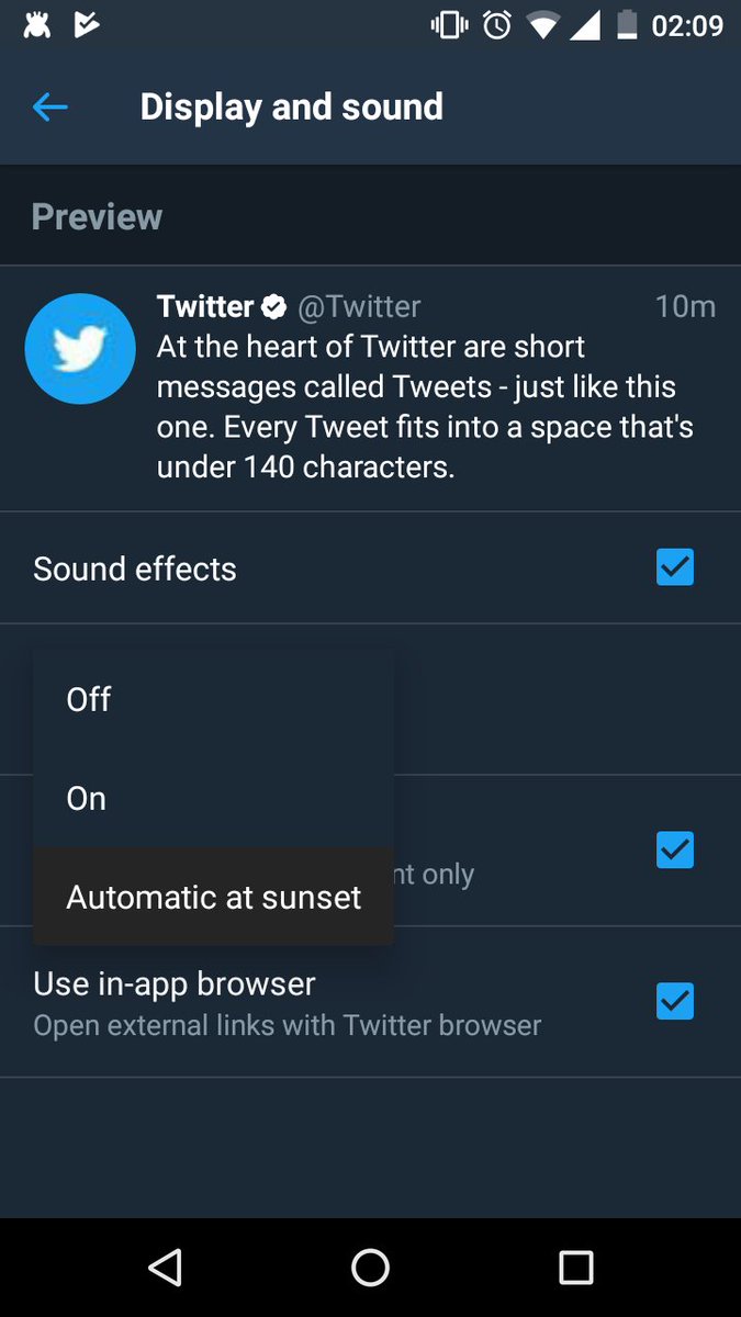 notmanas's tweet image. Our prayers have been answered. 'Automatic night more after sunset' on Twitter alpha build 7.2.0.563. 
@AndroidPolice #TwitterAlpha