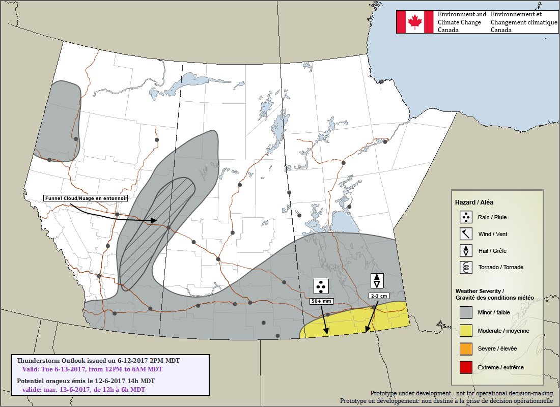 JesseLebert's tweet image. #PASPC Thunderstorm Outlook for June 13, 2017. Weak funnel clouds possible in E AB. #abstorm #skstorm #mbstorm umanitoba.ca/environment/en…