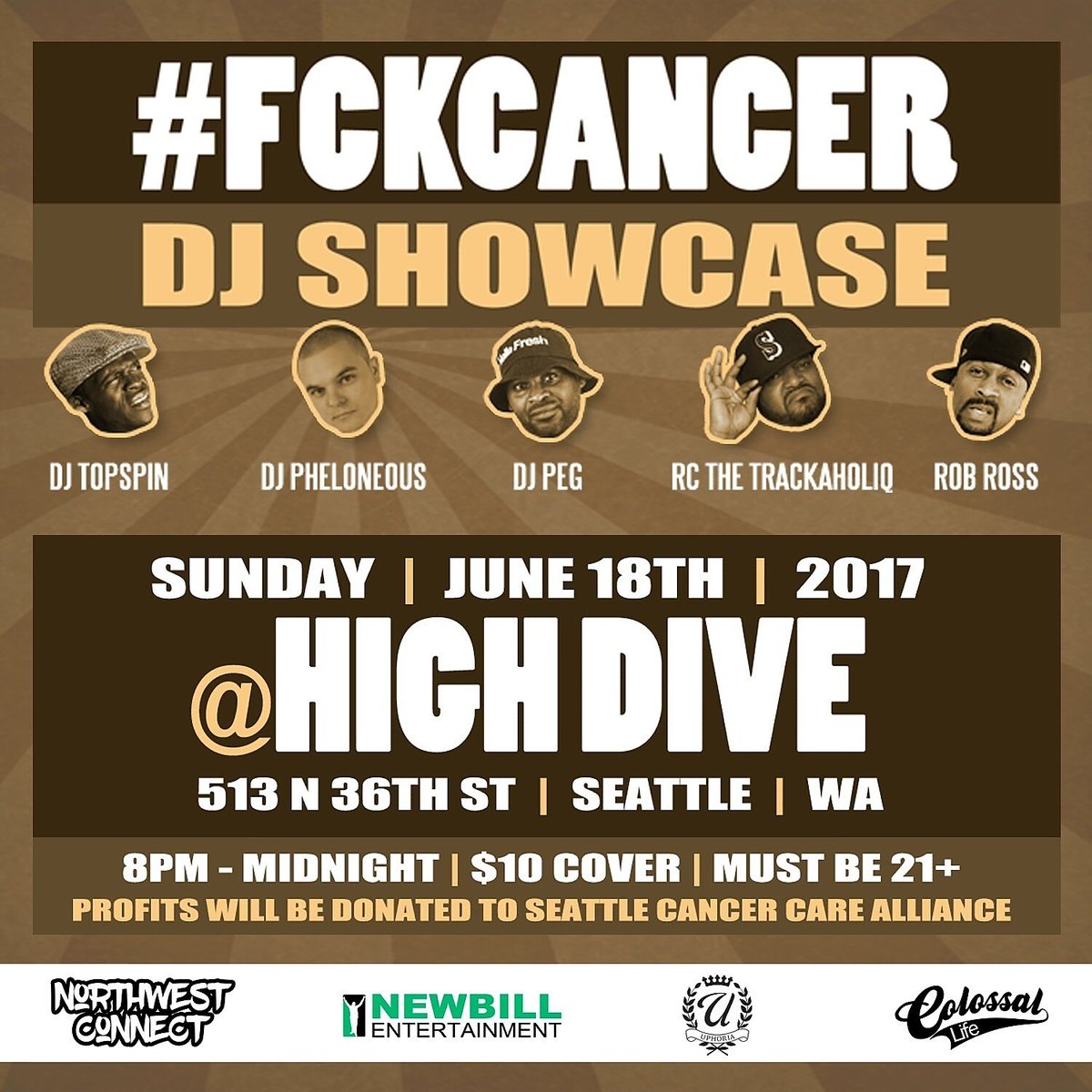NewbillEnt's tweet photo. #FCKCancer DJ Showcase Sunday at @highdive in Seattle! ft @djtopspin @DJPeg206 @djpheloneous &amp; @RCcidewayz Hosted by @206robross https://t.co/3Ff6yBoLRT