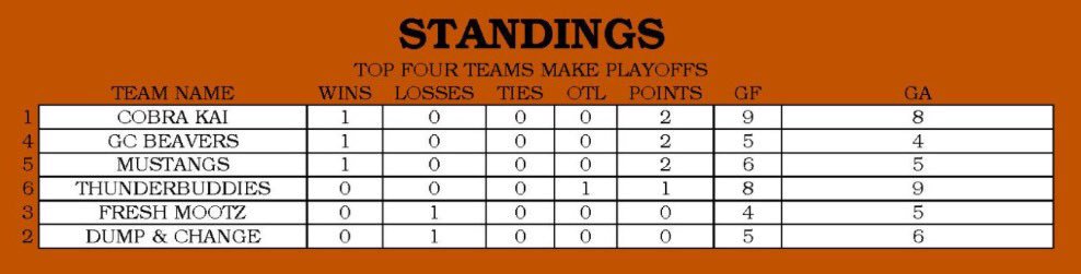 StangGangHockey's tweet photo. Little Standings Update after the first week of games, disregard the numbers on the left #HorseDick #DefendTheStable https://t.co/n8mAkrkZz0