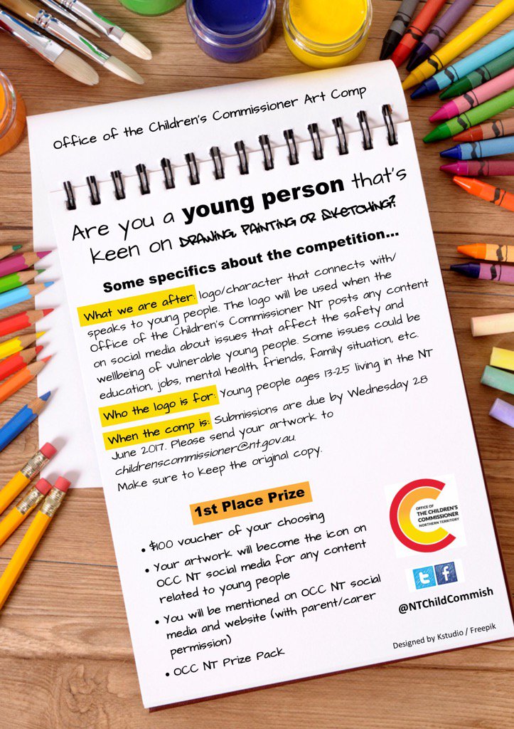 NTChildCommish's tweet photo. R u a young person living in the #NT that likes art? We need YOUR help! Entries close 28 June #OCCNT https://t.co/5sC0XpHCiF