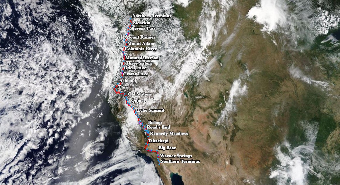 PCTAssociation's tweet photo. We made this neat interactive map that shows today's satellite image and the #PacificCrestTrail Look! Snow! #PCT https://t.co/wCgd87Oyq8 https://t.co/pxYLQOORt1