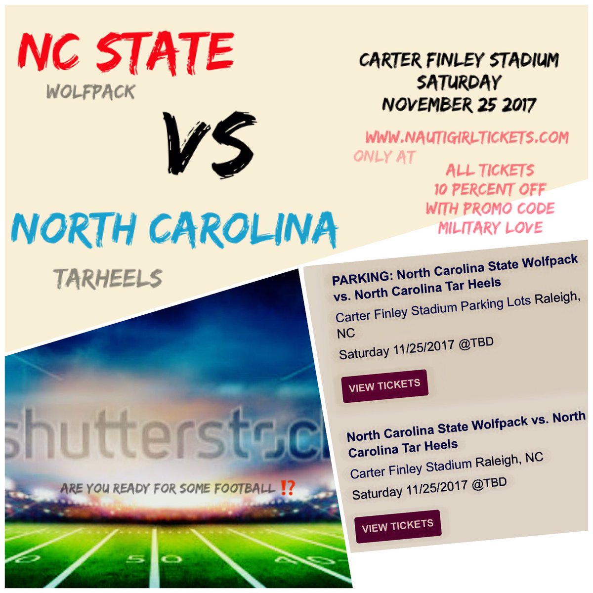 NautigrlTickets's tweet photo. NC STATE WOLFPACK  VS. NORTH CAROLINA TARHEELS #ncstate #carolinatarheels TICKETS ON SALE https://t.co/JDMo7A6s5b  PROMO Code Military Love https://t.co/omZVEGObvz