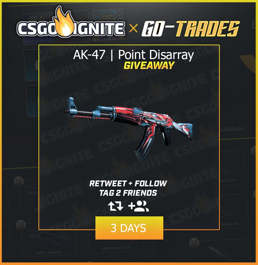 GoTradesCSGO's tweet image. AK - 47 | Point Disarray MW Giveaway!
3 days!

1. Follow me + @CSGOIgnite 
2. Retweet
3. Tag 2 friends
4. 1 trade on Go-Trades.com
