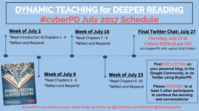 litlearningzone's tweet photo. Here is the July #cyberPD schedule for READING, REFLECTING &amp; RESPONDING To DYNAMIC TEACHING for DEEPER READING by @VickiVintonTMAP! Join us! https://t.co/RTRIVIo4Mw