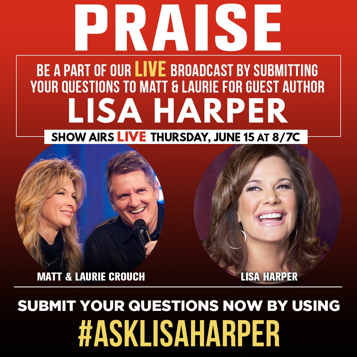 TBN's tweet photo. Submit your questions about Lisa Harper's new book for Thursday’s LIVE Praise by using #ASKLISAHARPER. We'll answer a few on the broadcast! https://t.co/DioEUwetOK