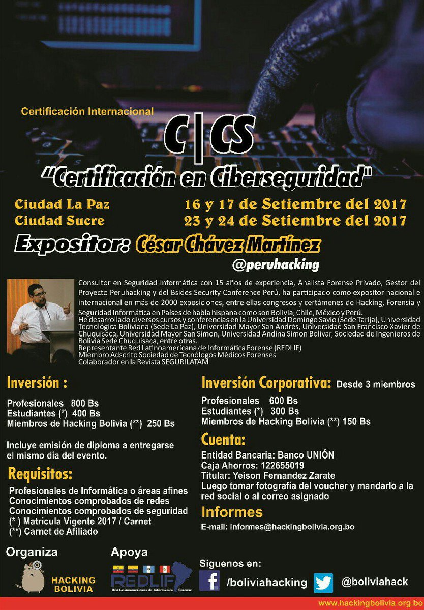 boliviahack's tweet photo. Certificacion en Ciberseguridad en Setiembre en las Ciudades de La Paz y Sucre gracias a @peruhacking @mundoredlif https://t.co/tmdSMrkku6