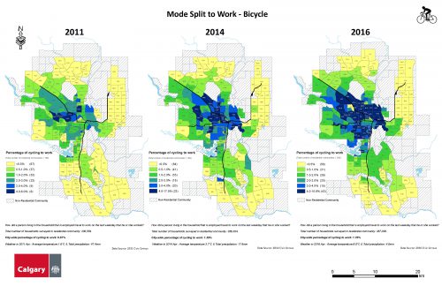 What happens when you invest in bike infrastructure. 
Great maps from <a href="/cityofcalgary/">City of Calgary</a> show growth in bike mode share. #activetransportation
