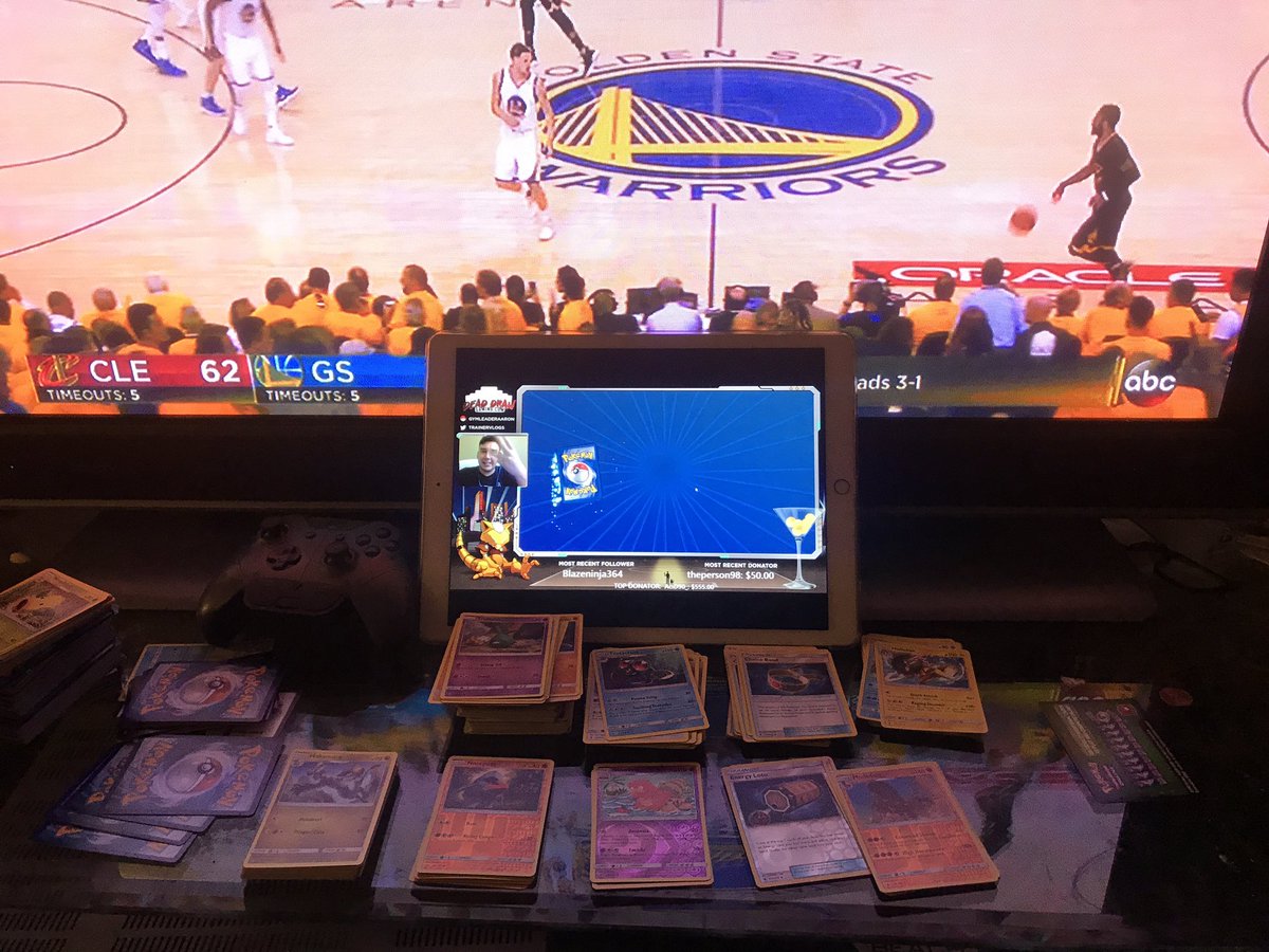 out_collecting's tweet photo. Watching the @trainervlogs on twitch while watching the finals and organizing my cards! #Pokemon #Twitch #NbaFins #Warriors #Gsw lets go GS! https://t.co/dkuB4qqoBo