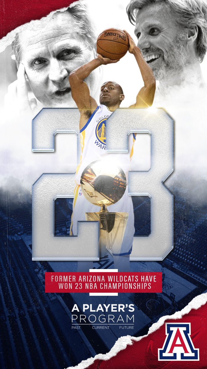 ArizonaMBB's tweet photo. Congrats to @warriors and #APlayersProgram alums Steve Kerr, Andre Iguodala &amp; Bruce Fraser on earning NBA rings 21, 22 &amp; 23 in UA History. https://t.co/aBD71DoakH