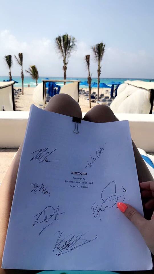 When your co star sends you a photo of the script you signed; sitting on a beach in Mexico