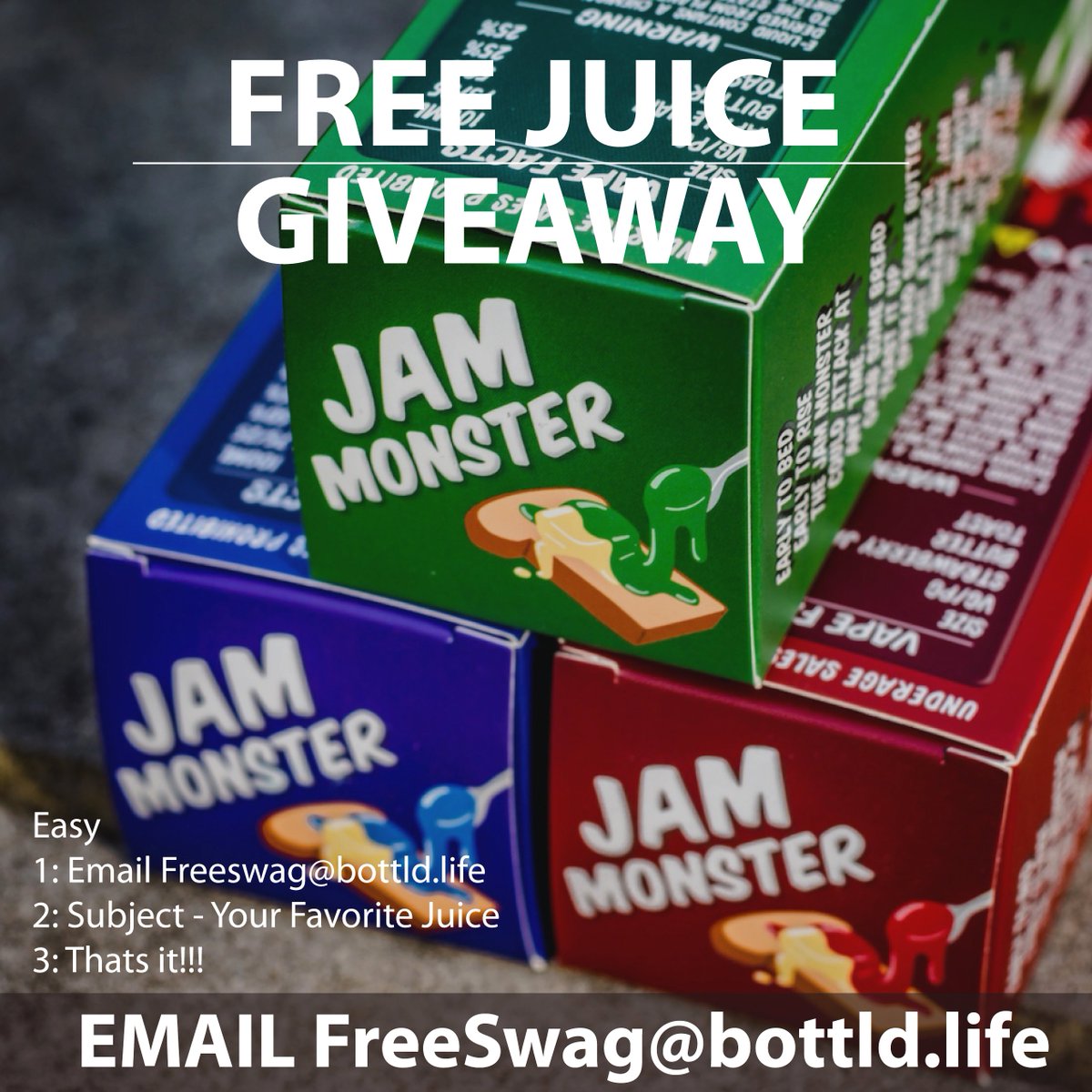 BottldLife's tweet photo. VAPE FOR FREE!!! HUGE JUICE GIVEAWAY!!!

-Like 
-Retweet
-Email - freeswag@bottld.life
-Subject - your favorite e-juice https://t.co/rqABiNmHGr
