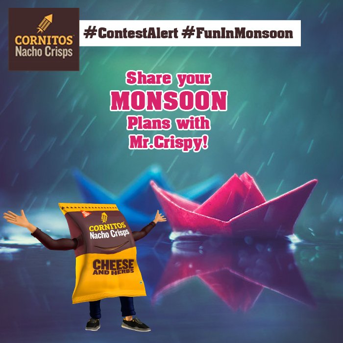 cornitos's tweet image. #ContestAlert #FunInMonsoon
Monsoon is on its way. Are you all ready to enjoy this monsoon? Share your monsoon plans with Mr. Crispy.