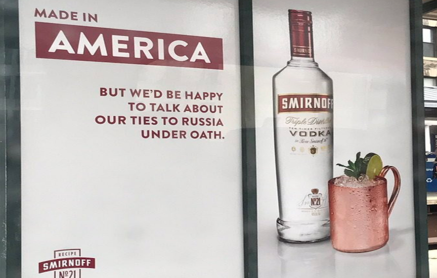thehill's tweet photo. Smirnoff Vodka trolls Trump: We’d be happy to talk about our ties to Russia under oath https://t.co/OHpRBEiTrT https://t.co/xyWrcpKBya