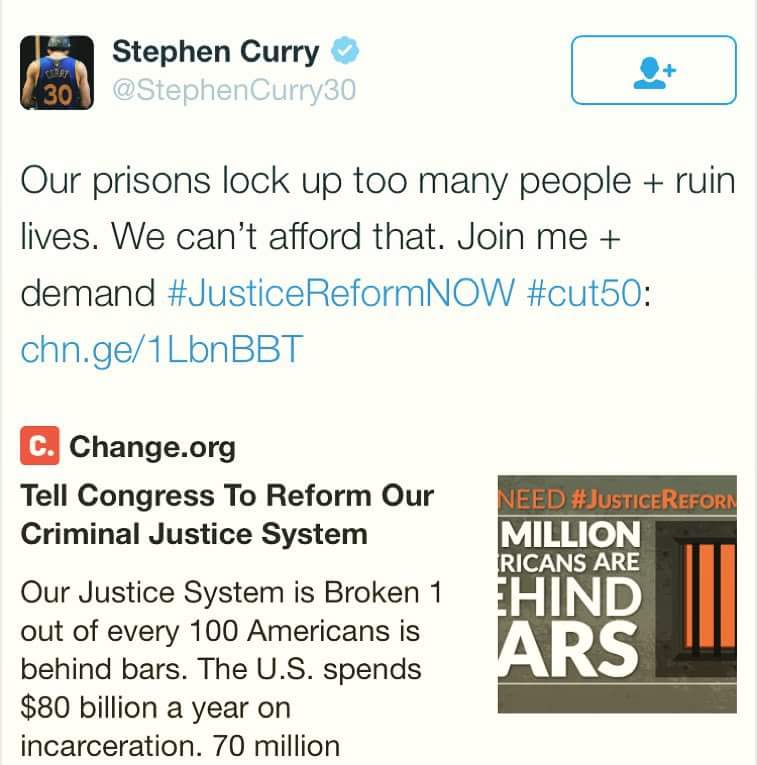 DreamJustice's tweet photo. Congratulations to @StephenCurry30 &amp; the @warriors for winning NBA Championships! Thank you for being in the fight for #JusticeReformNOW! https://t.co/i6TLXyJd2N
