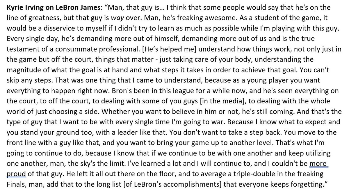 AlexKennedyNBA's tweet image. Kyrie Irving gave a terrific quote about witnessing LeBron James' greatness firsthand over the years and what he's learned from @KingJames: