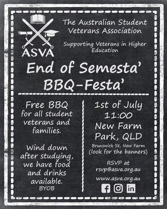 MSharp_ASVA's tweet photo. ASVA will be hosting a free BBQ for student veterans and their families on Saturday, 1 July in New Farm Park, Brisbane. Networking go on! https://t.co/iFA9iFAhJb