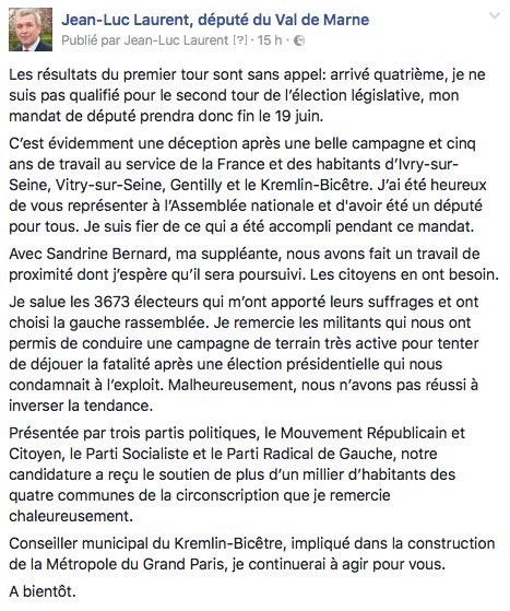 jluc_laurent's tweet photo. Les citoyens ont parlé. Mon mandat de député s'arrête lundi. Je vous dis: à bientôt ! #Circo9410 #jll2017 https://t.co/MUC4FuHFDh