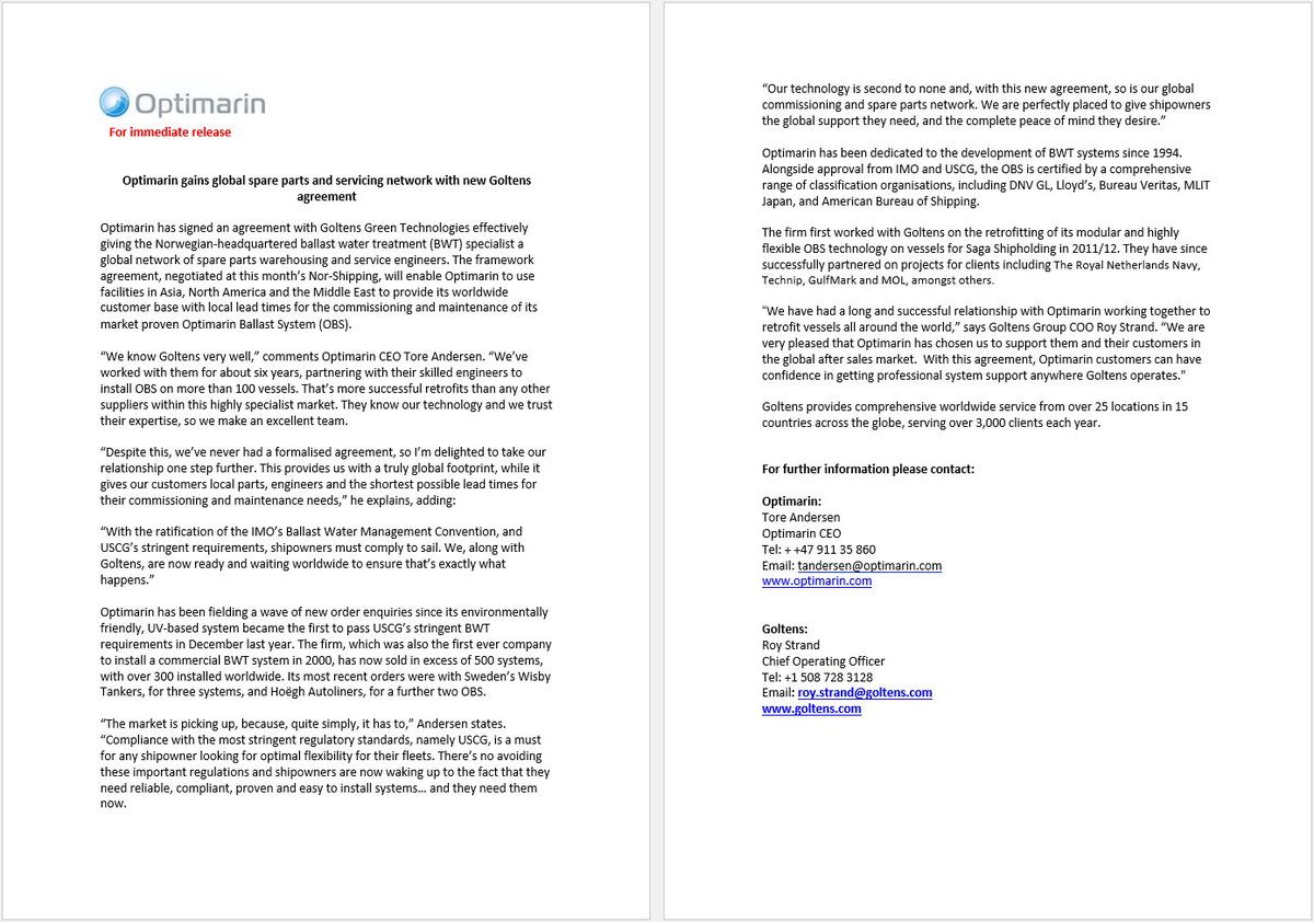 Optimarin gains global spare parts and servicing network with new Goltens agreement