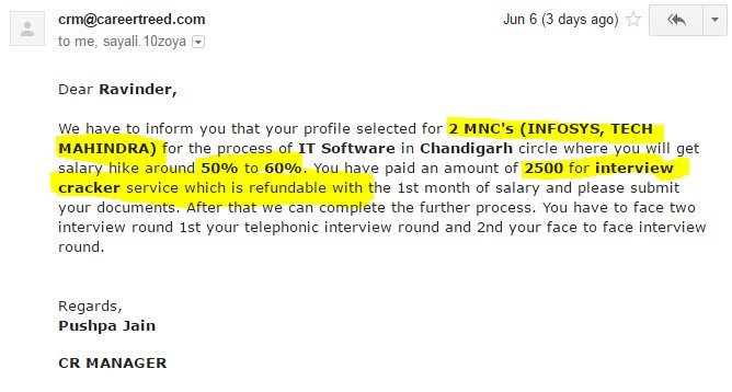KaurRavinder24's tweet photo. 1) I received call frm @Shinedotcom &amp; told that my CV selected fr 2 MNC's &amp; asked to pay Rs2500 fr registratn &amp; Rs6500 fr verificatn. #fraud https://t.co/uDyDC3yzoG
