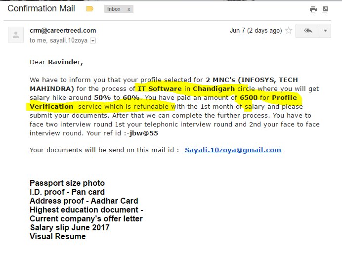 KaurRavinder24's tweet photo. 1) I received call frm @Shinedotcom &amp; told that my CV selected fr 2 MNC's &amp; asked to pay Rs2500 fr registratn &amp; Rs6500 fr verificatn. #fraud https://t.co/uDyDC3yzoG