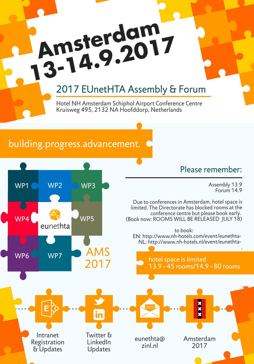 EUnetHTA's tweet photo. EUnetHTA 2017 Assembly and Forum, Amsterdam, 13-14.9.2017. Hotel space is extremely limited. https://t.co/2lx2Ju1cjo