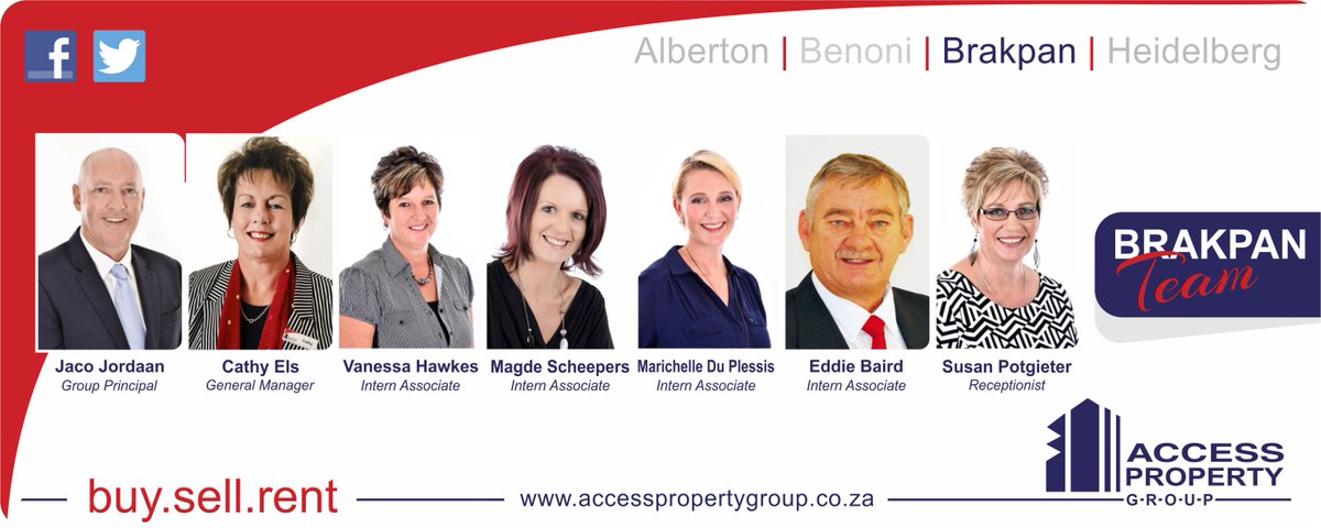 AccessPGza's tweet photo. Meet our Brakpan Team
Tel. 011 740 8309 &amp; Tel. 011 740 7530
#AccessPropertyGroup #AccessEstates #Realty #EstateAgents #Brakpan #cirobertson https://t.co/1XpA4C5cJd