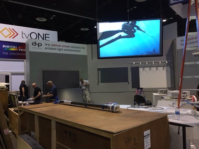 dnp_visiosign's tweet photo. Building up the #InfoComm17 booth #3143. Lots of boxes, but Wednesday the team is ready to give you a guided tour in our world of #ALRScreen https://t.co/OHQYEuPR8w