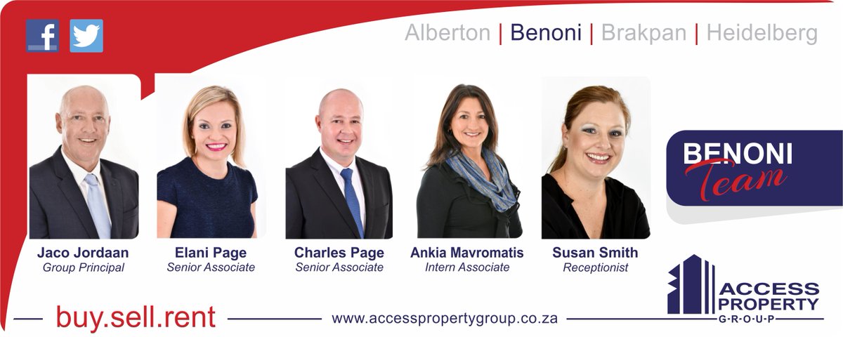 AccessPGza's tweet photo. Meet our Benoni Team
Tel 011 425 2469 &amp; Tel 011 425 2459
#AccessPropertyGroup #AccessEstates #Realty #EstateAgents #Benoni #cirobertson https://t.co/rsygfmVFwo