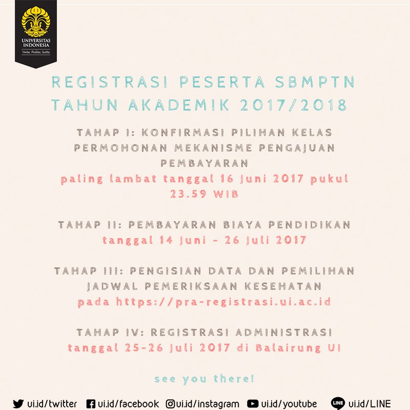 univ_indonesia's tweet photo. 2) Berikut 4 tahapan registrasi mahasiswa baru @univ_indonesia yg diterima melalu #SBMPTN2017 https://t.co/htkfu07H0Y
