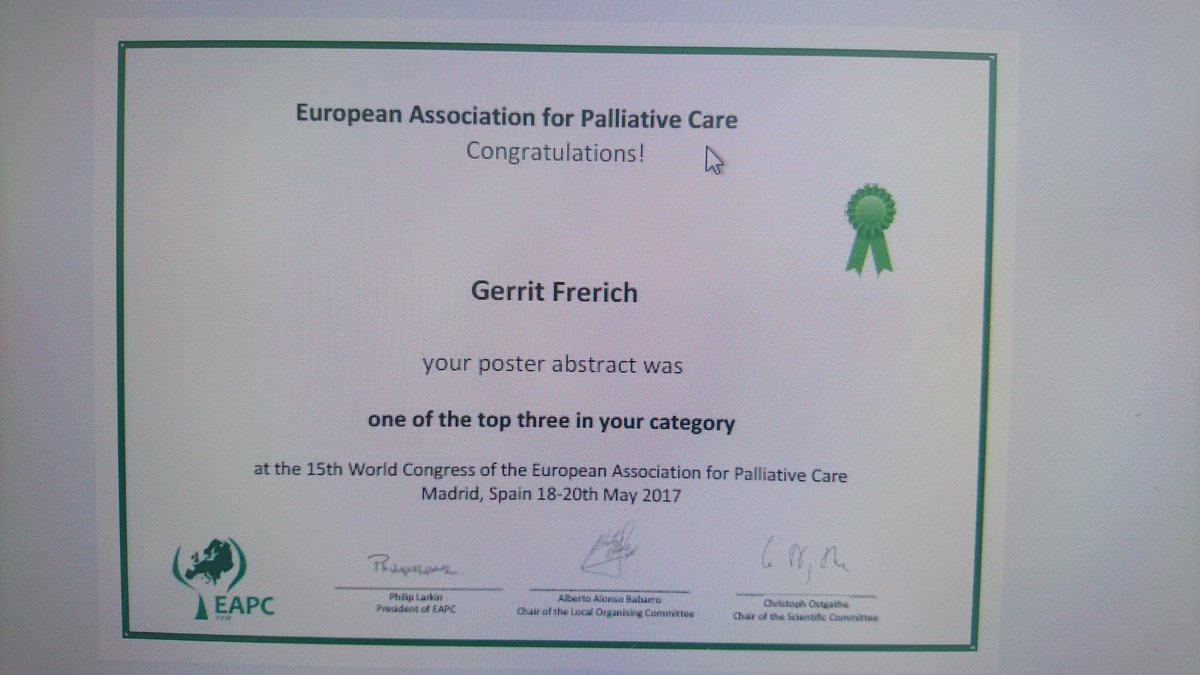 EUPCAleadership's tweet photo. Prize for @EUPCAleadership poster at #eapc2017 Thank you! #palliative #leadership @EAPCOnlus https://t.co/hRmShEQx2H